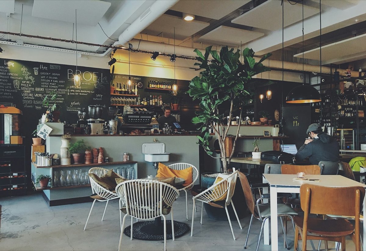 Warm cafe interior with a counter, plants and wicker chairs